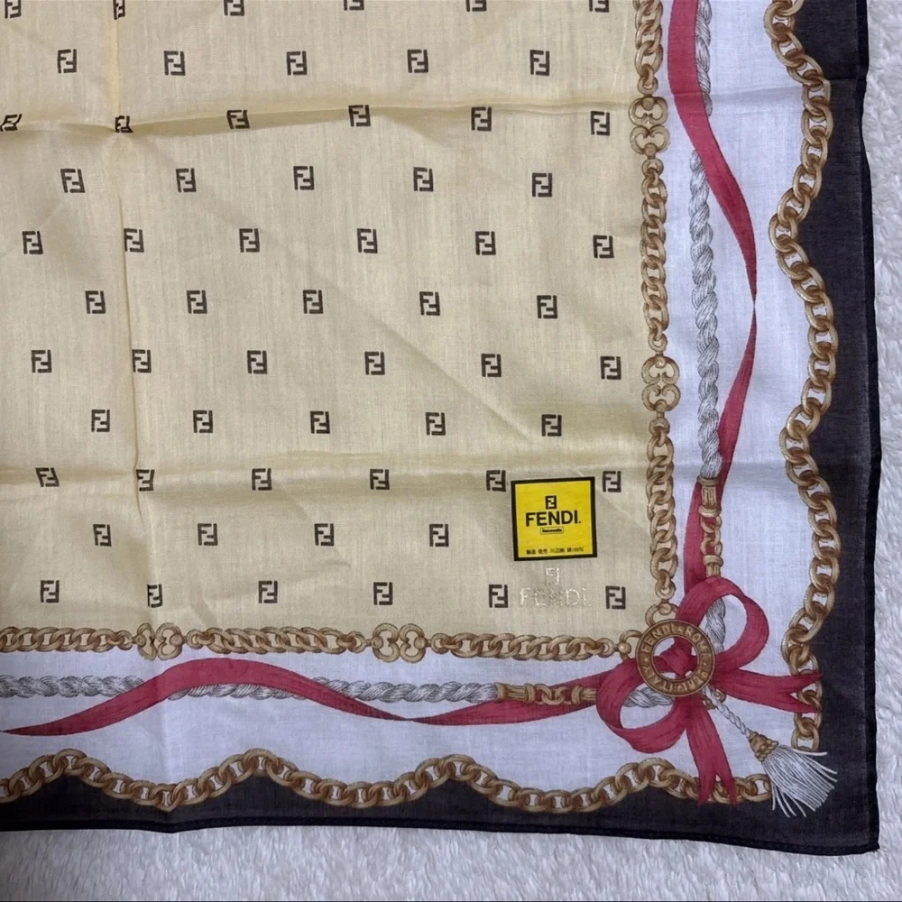 FENDI Cotton Scarf 17inches Chain Ribbon Logo Border Elegant